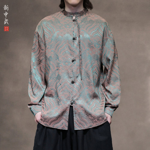 新中式春秋提花水波纹长袖唐装衬衫男宽松大码圆领盘扣中山装上衣