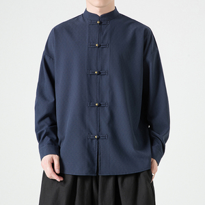 中式春秋宽松唐装外套中国风宽松大码珠子盘扣中山装夹克男居士服