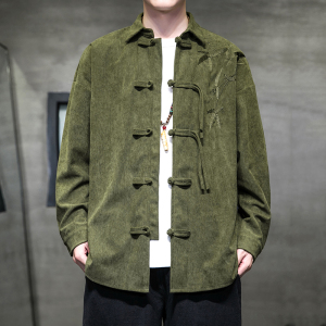 国潮刺绣秋冬休闲灯芯绒唐砖衬衫中式复古盘扣茶服上衣男翻领外套