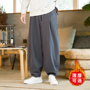 中国风秋冬加绒加厚休闲裤男宽松大码阔腿裤国潮百搭哈伦裤灯笼裤