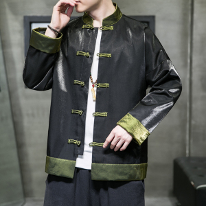 中国风男装宽松免烫唐装外套中式春秋休闲拼色中山装男居士服茶服