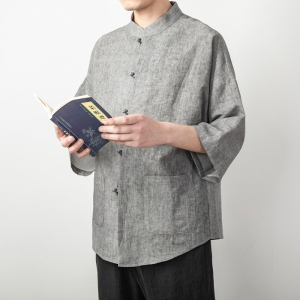 中国风棉麻透气盘扣唐装男茶服衬衫中式复古宽松七分袖汉服居士服