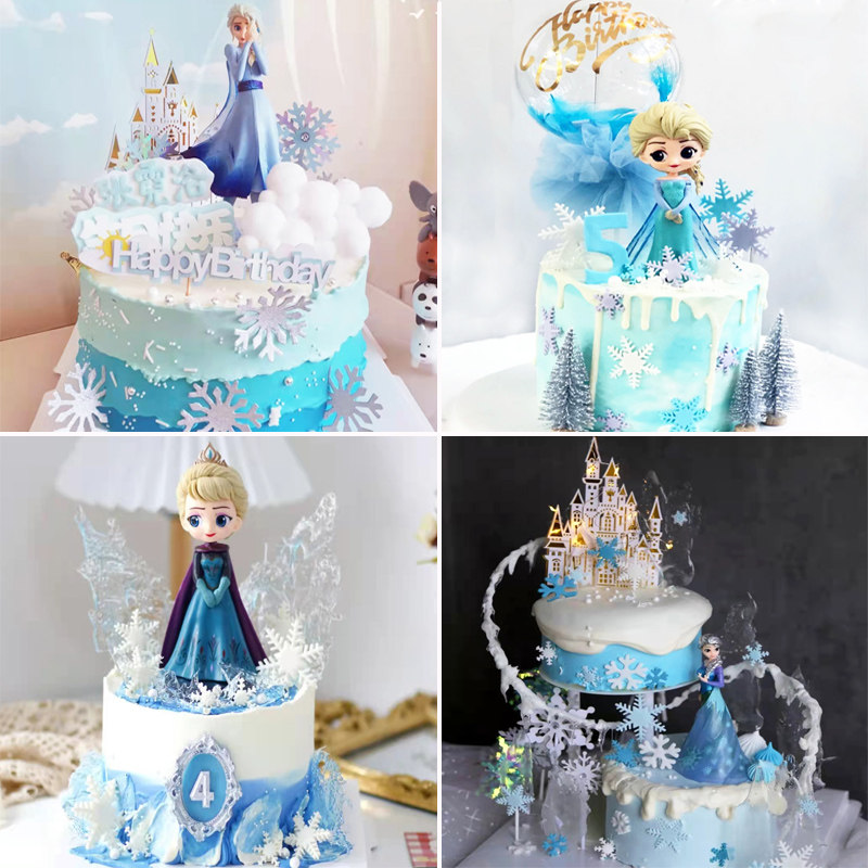 冰雪奇缘蛋糕装饰 Q版艾莎女王安娜公主摆件童话女孩生日雪花插件