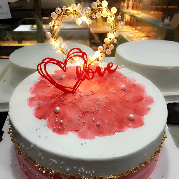 珍珠水晶爱心铁艺蛋糕装饰插件浪漫表白心形love生日插牌烘焙插旗