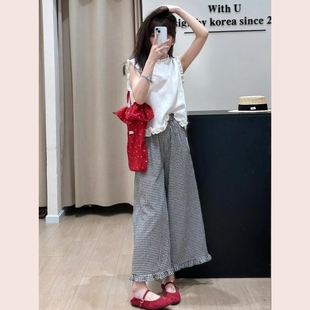 格子闊腿褲 2025超火夏裝 小個(gè)子獨(dú)特漂亮白色木耳邊無(wú)袖 襯衫 女 套裝