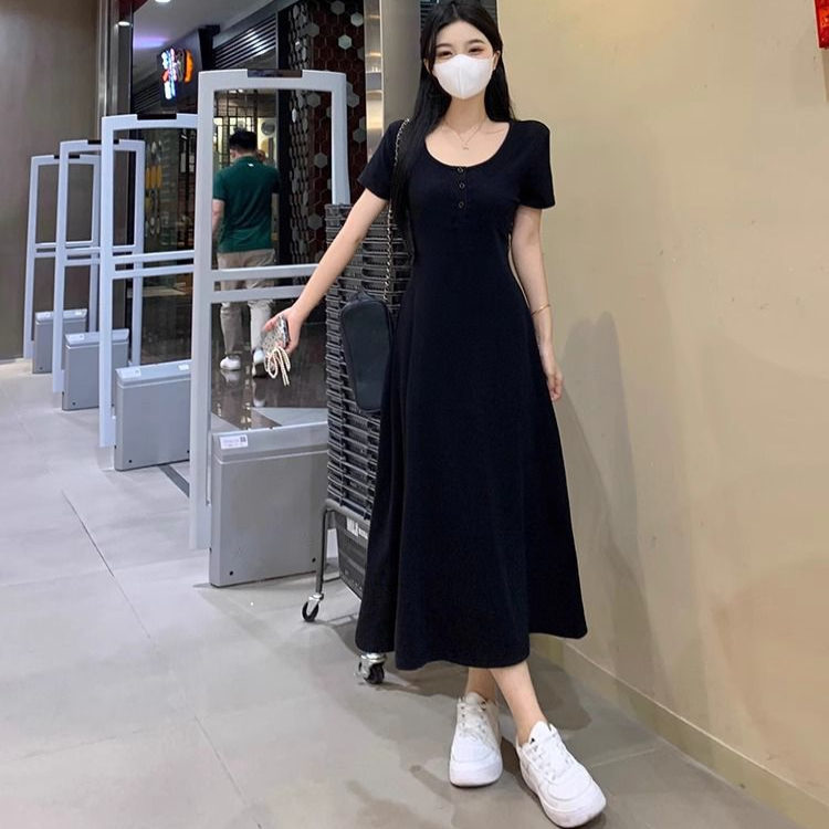 法式U领短袖t恤连衣裙女夏季纯棉小个子收腰超好看独特漂亮长裙子