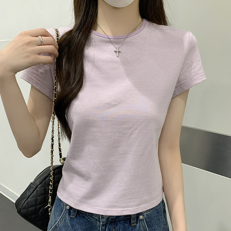 细条纹正肩短袖T恤女超好看2025新款显瘦海军蓝纯棉减龄上衣夏季