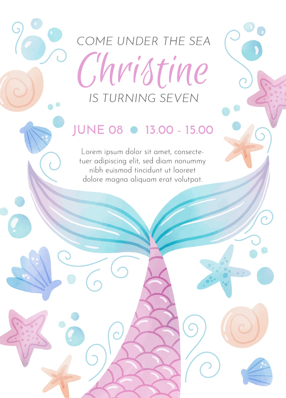 卡通圣诞生日贺卡美人鱼尾巴海星海螺海底贝壳海藻矢量ai设计素材