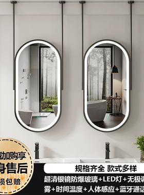 酒店民宿天花板吊杆镜椭圆形悬空吊镜洗手台Led触摸屏智能发光镜