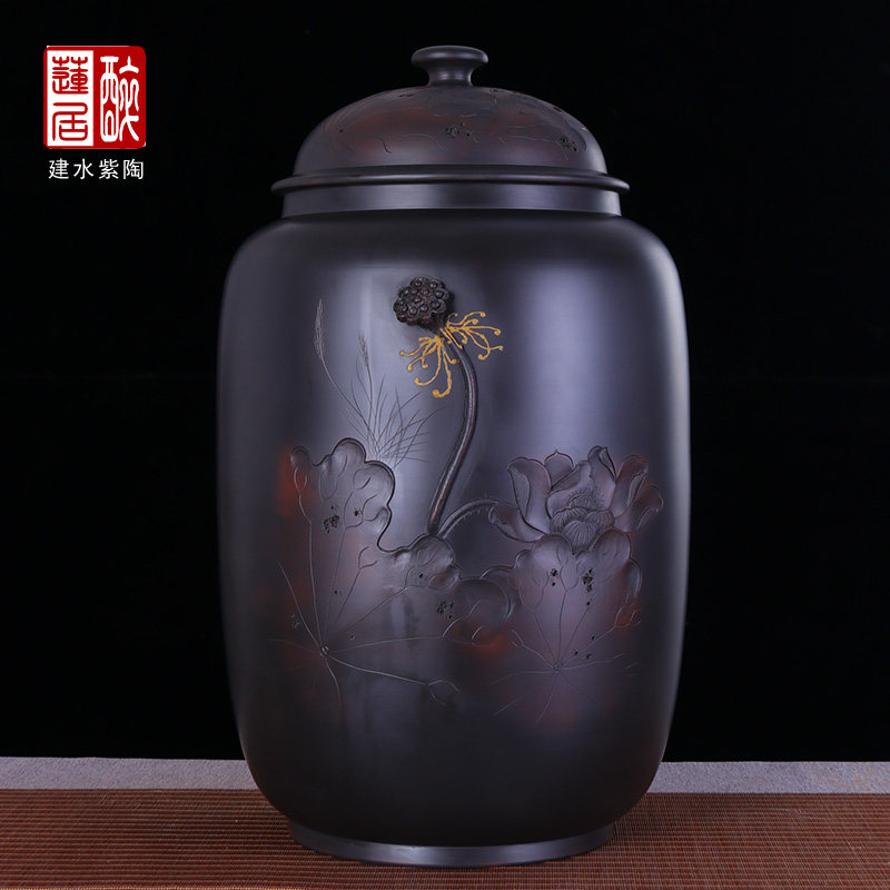 云南建水紫陶手工浮雕28饼大茶叶罐特大储茶缸散茶缸/水缸M56 S69