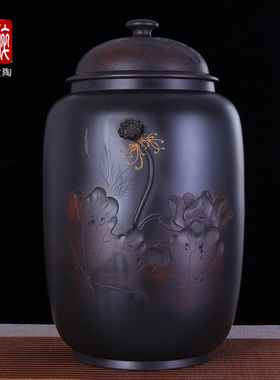 云南建水紫陶手工浮雕28饼大茶叶罐特大储茶缸散茶缸/水缸M56 S69