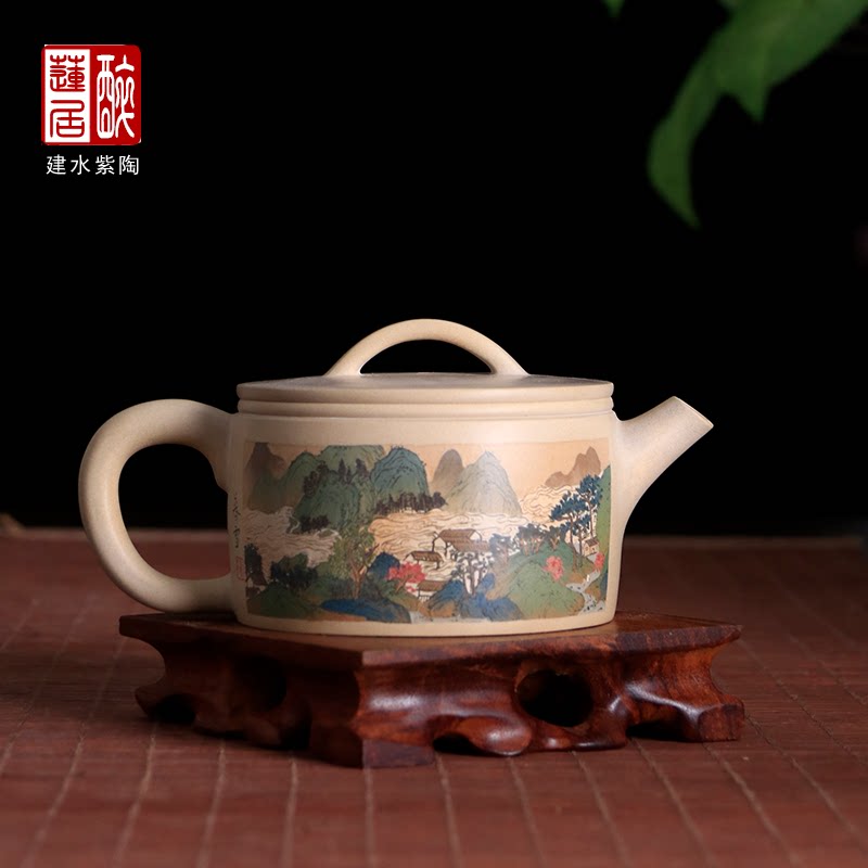 建水陶开窗多道彩填汉瓦壶170ml