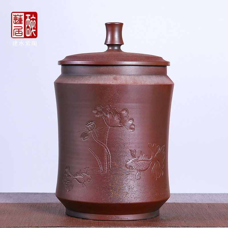 九饼缸 散茶一斤半 建水紫陶柴烧茶叶罐储茶缸普洱饼浮雕青铜 G88
