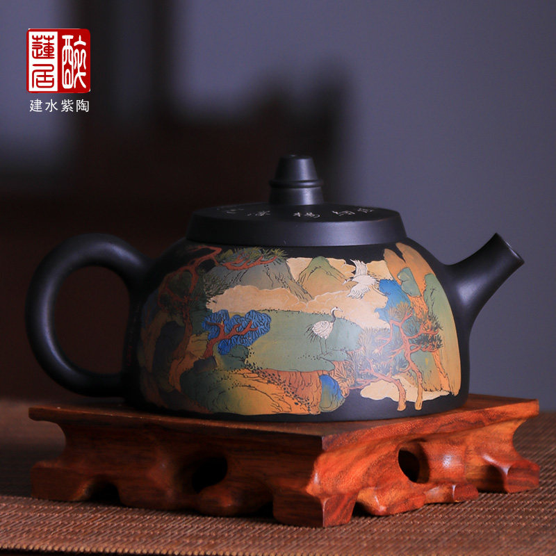 160ml 建水紫陶壶泡茶壶功夫茶壶全手工陶壶/重工山水半月壶 O85