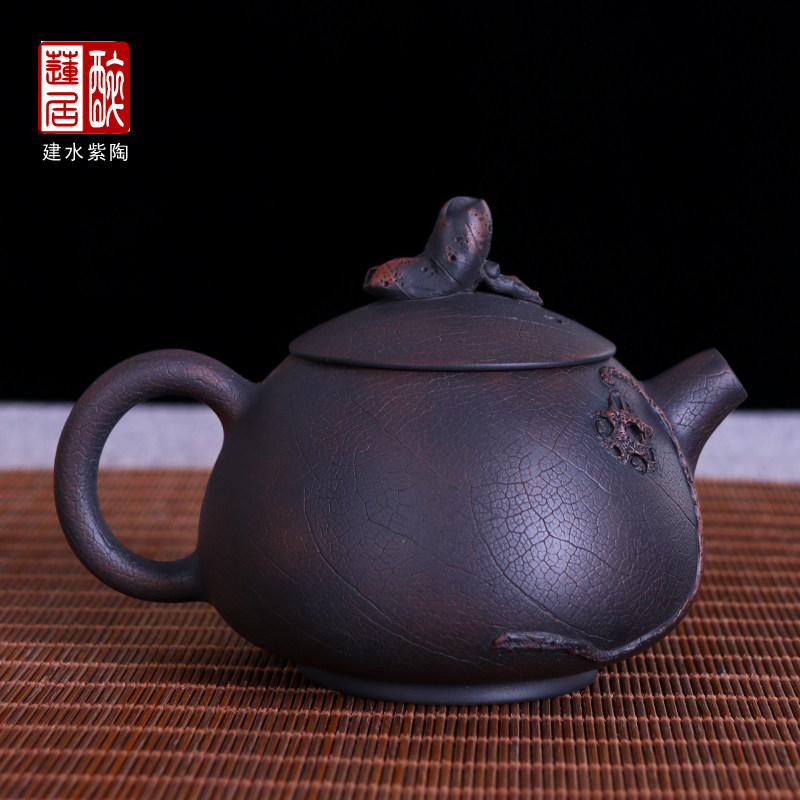 175ml 建水紫陶茶壶陶壶茶道泡茶壶/叶脉堆雕荷叶莲蓬壶 黄O22