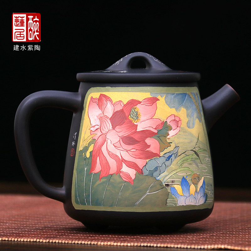 250ml 建水紫陶茶壶泡茶壶功夫茶壶 多道荷花常跃林高石瓢壶 W66