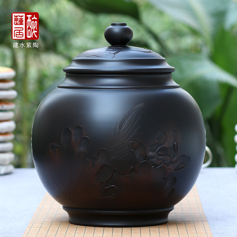 1公斤生普建水紫陶大散茶罐200克饼茶罐储茶罐/浮雕灯笼罐中号B37
