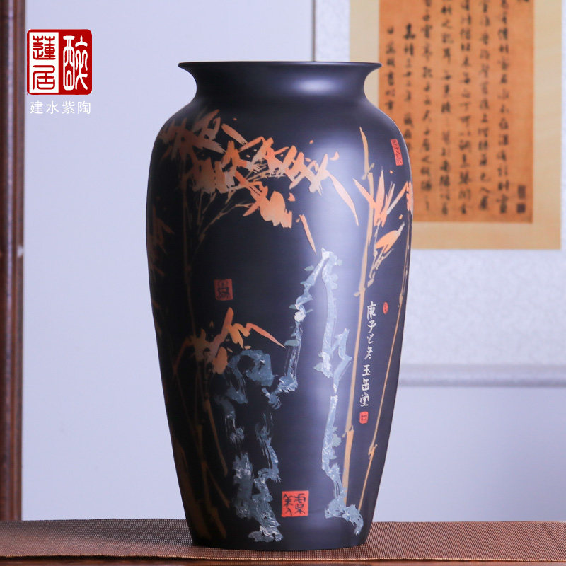 云南建水紫陶花瓶手工花插家居摆饰瓶装饰瓶/彩填敞口花瓶 玉R96