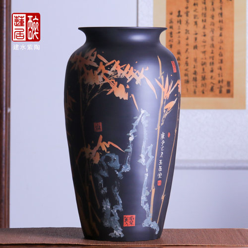 全手工建水紫陶彩填敞口花瓶