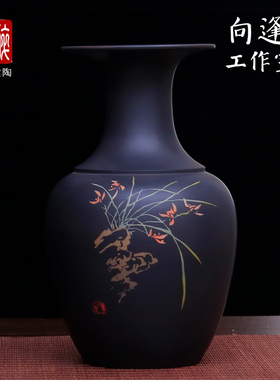 建水紫陶艺术花瓶纯手工陶泥阴刻阳填插花花器向逢春工作室出T52