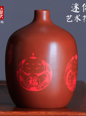 建水紫陶陶泥艺术花瓶小号迷你花器纯手工复烧红花瓶家居摆件T66