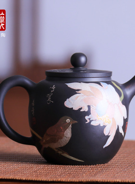 170ml 建水紫陶壶手工陶泡茶壶功夫茶壶 /重工彩填花鸟陈普壶 O99