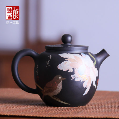 170ml重工彩填花鸟装饰紫陶壶