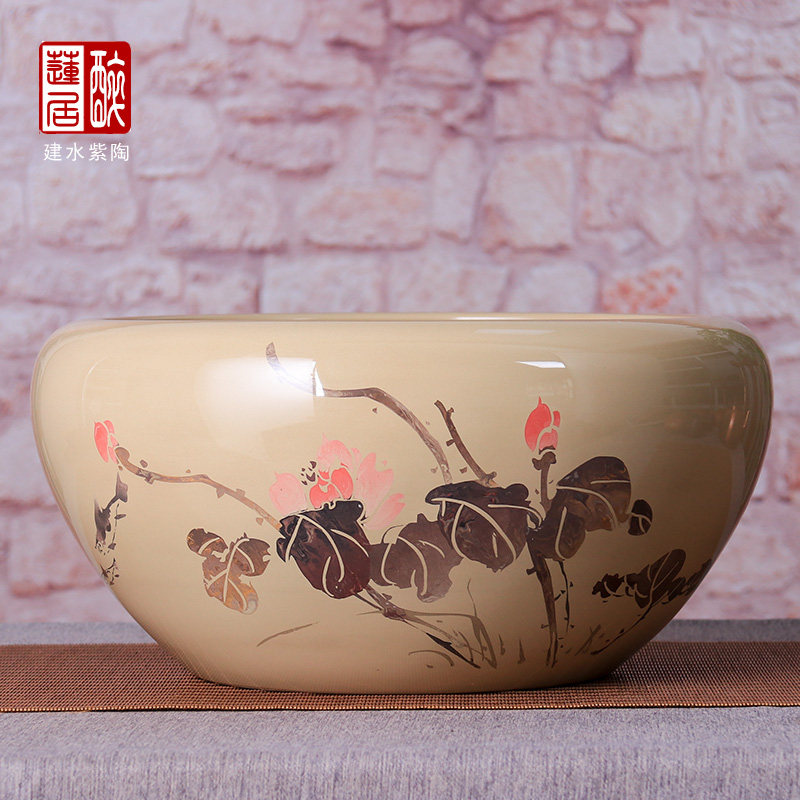 云南建水紫陶大鱼缸乌龟金鱼缸/手工彩填白泥亮光金鱼缸 徐R50