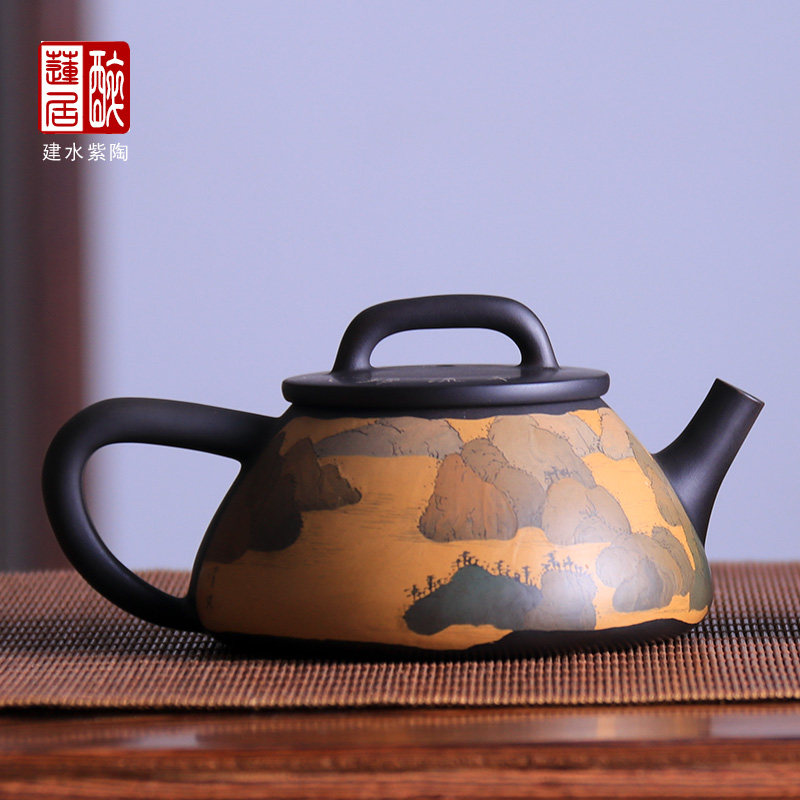 190ml 建水紫陶壶手工陶泡茶壶功夫茶壶重工山水及残帖石瓢壶 O88