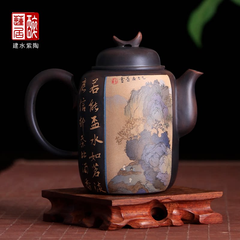 建水紫陶320ml月牙重工山水壶