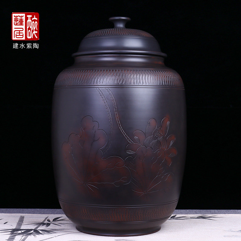30饼普洱饼茶缸建水陶罐紫陶茶叶罐密封罐保鲜罐/浅雕茶缸G66 L95