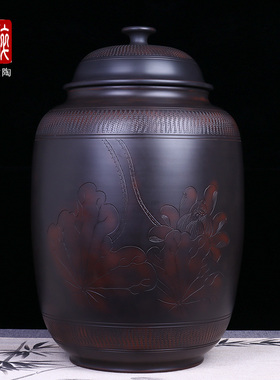 30饼普洱饼茶缸建水陶罐紫陶茶叶罐密封罐保鲜罐/浅雕茶缸G66 L95
