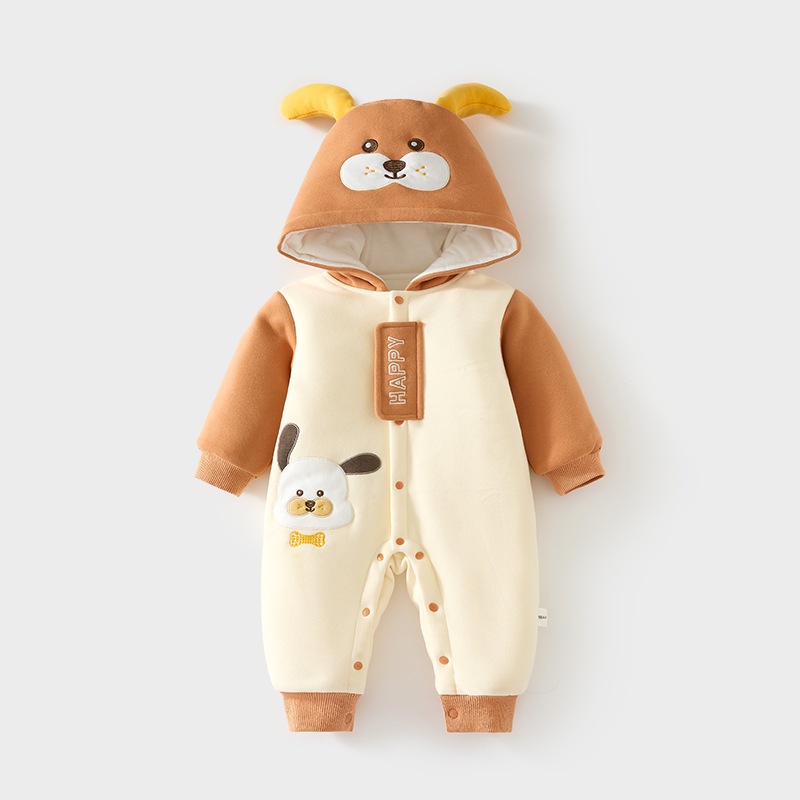 婴儿加棉外出服宝宝夹棉外穿连体衣秋冬加厚爬服儿童连帽防风棉衣