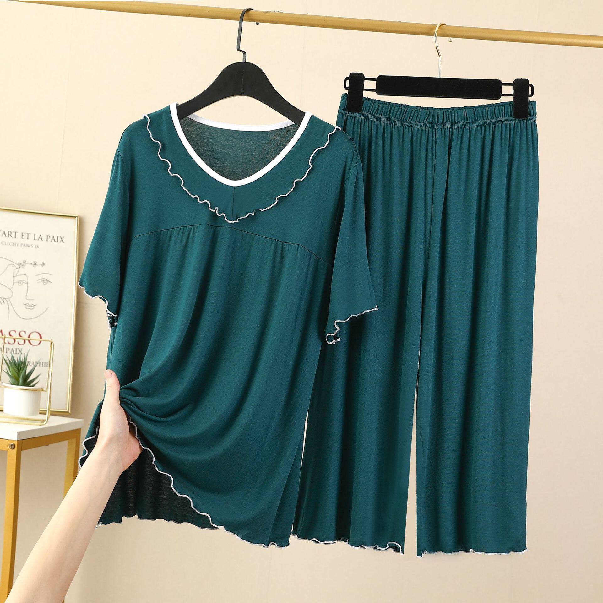 莫代尔睡衣女夏2025新款短袖七分裤大码薄款休闲简约家居服两件套