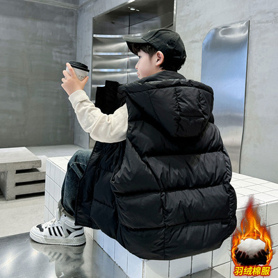 男童黑色棉衣马甲外套2025秋冬装新款儿童中大童连帽面包服坎肩潮
