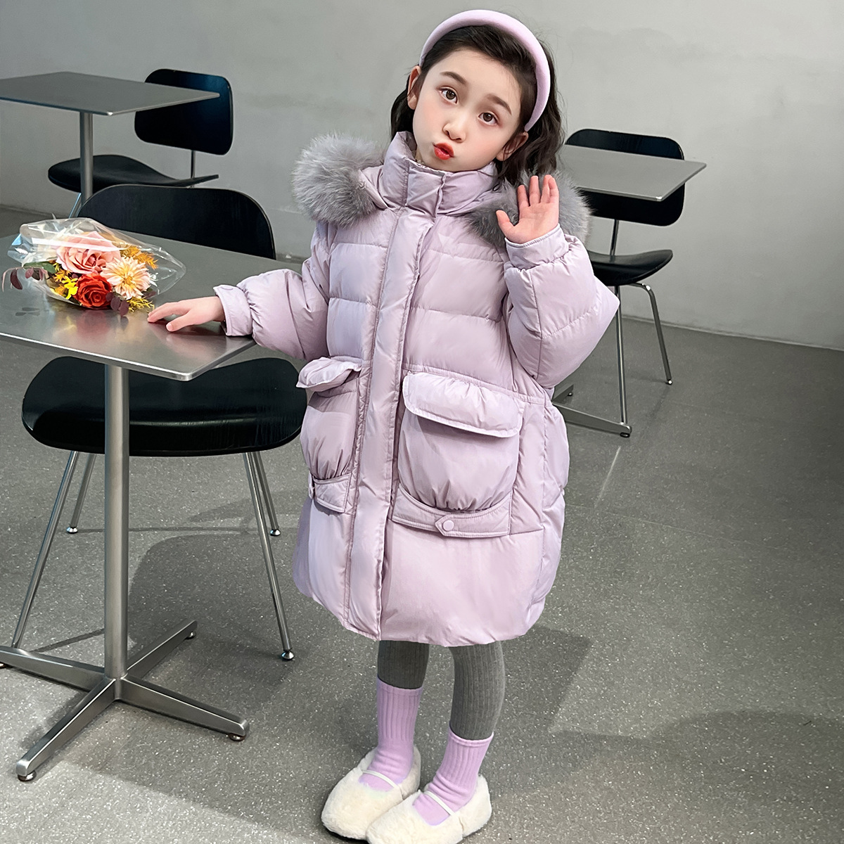 2025新款加厚保暖外套女童中大童洋气休闲连帽羽绒棉服中长款棉衣