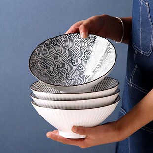 【4只装】山田8英寸花纹斗笠碗4只装家用大汤碗日式拉面碗瓷碗饭