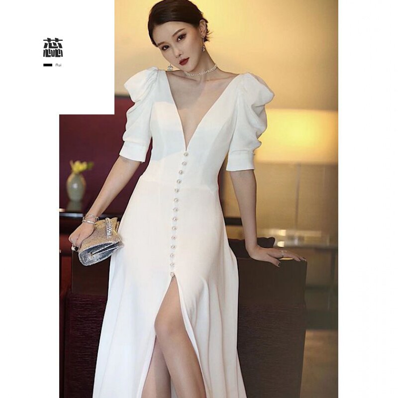 法式轻婚纱新娘2020新款简约白色缎面V领鱼尾复古出门纱拖尾礼服|ruв категории Женская одежда, Cвадебные платья, свадебное платье - от Buy2taobao.com для оказания профессиональной услуги покупки агента Taobao