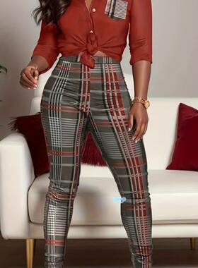 Fall Spring yli Plaid Pantsu Set Elegant Women's Long