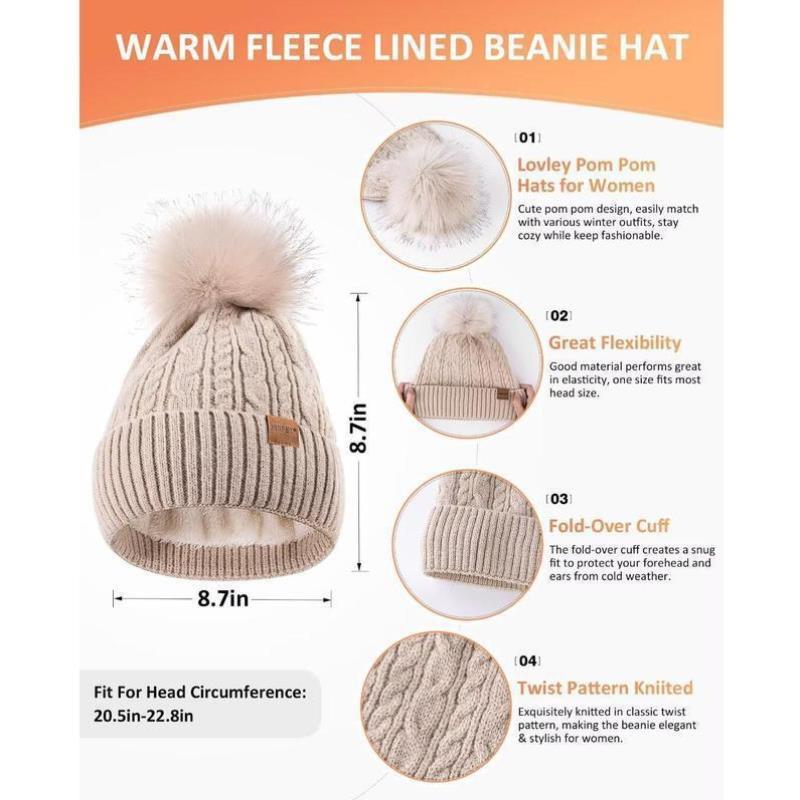 T 722 Winter Beanie Hat Scarf Gloves Set For Women Pom