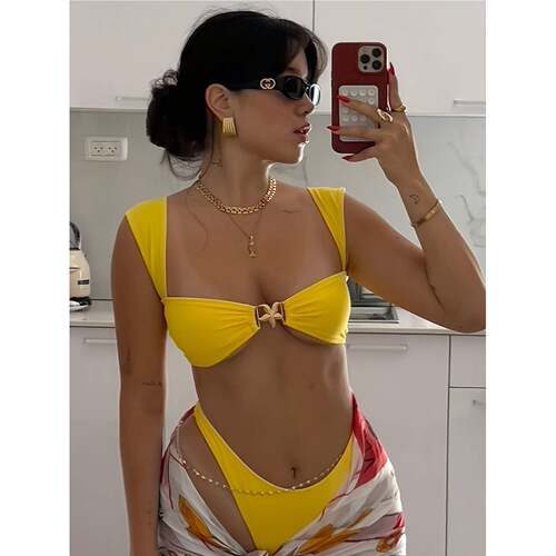 J 47784  Metal Decor Solid Color Bikini 金属装饰比基尼