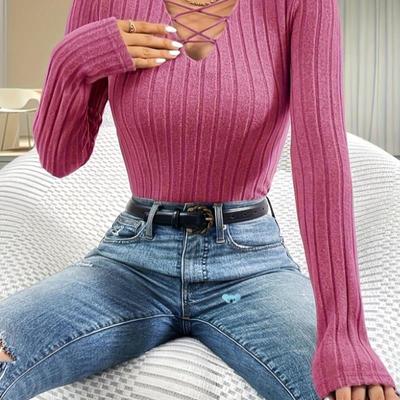 Cozy V Neck Ribbed Knted Sweater Soft Casual Long毛衣