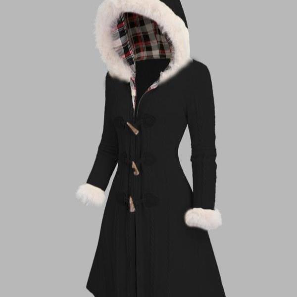 款Women's Plain Contrast Fur Trim Button Front Hooded