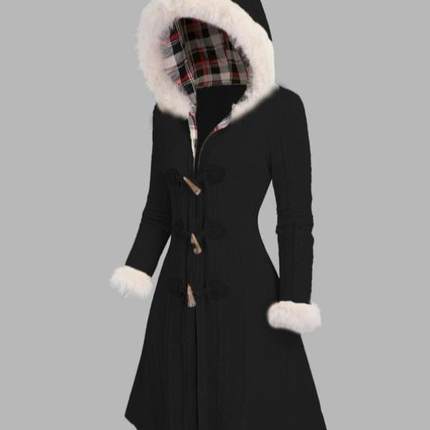 款Women's Plain Contrast Fur Trim Button Front Hooded