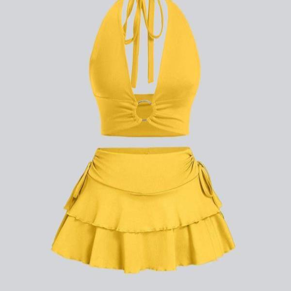 Two Piece Set Summer Women's Deep V Neck tal Ring Halter