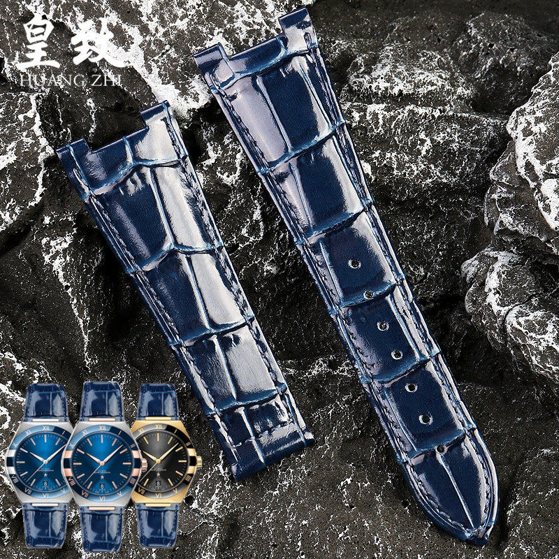 适配欧米茄星座系列真皮手表带131.13/131.33亮面蓝色男凹口皮带