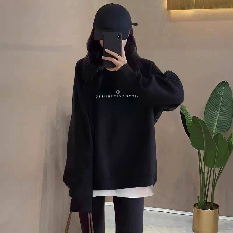 秋冬季女新款大码卫衣宽松慵懒风加绒中长款黑色圆领上衣无帽薄款