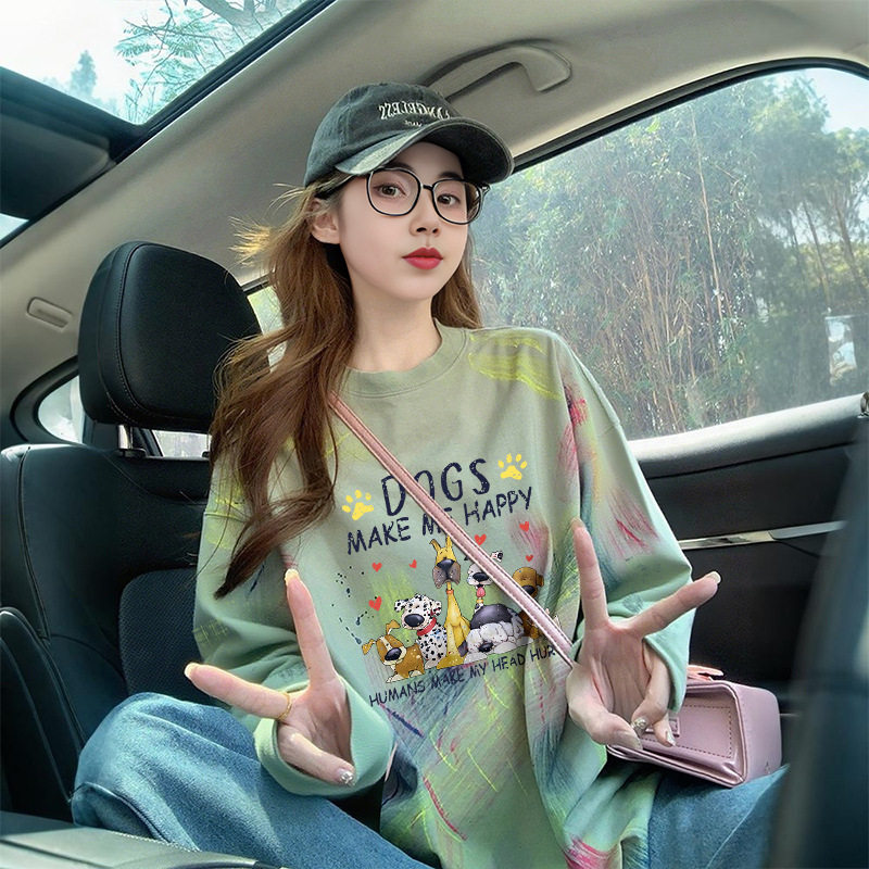 小众国潮泼墨纯棉长袖T恤女慵懒风洋气卡通胖mm宽松显瘦百搭上衣