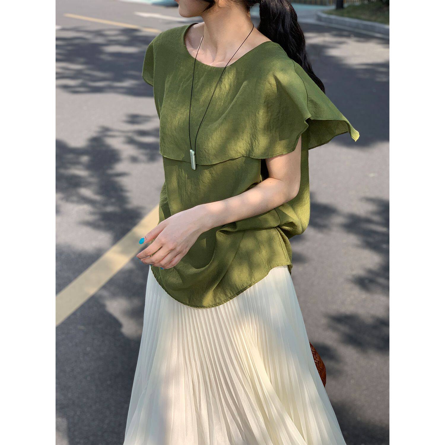 那末 茶系小衫 新中式禅意衬衫短袖女夏日拼接荷叶边披肩上衣6208