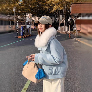 欧美鹿皮绒大毛领PU棉服外套2025新款宽松女短款冬季羽绒棉衣加厚